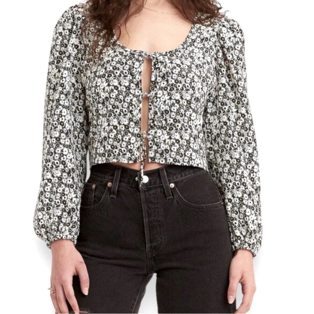 Levi's Womens Plus Black White Floral Print Embry Tie Long Puff Sleeve Top XXL